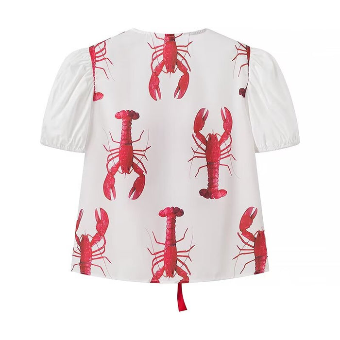 Spring Women Lobster Print Shirt Casual Straight Pant Sets