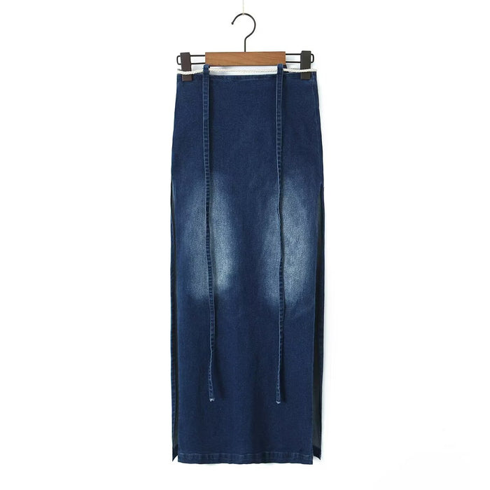 Skirt Women Spring Split Long Denim Skirt Retro Washed Color Distressed Trendy Ribbon A line Skirt