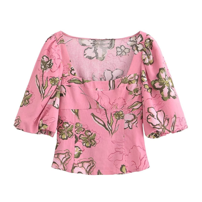 Spring Women Clothing Fashionable All Match Square Collar Puff Sleeve Printed Top