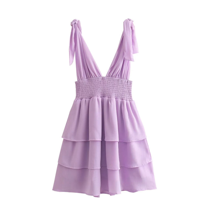 Spring Women Clothing Casual Purple Layered Lace Up Tiered Dress