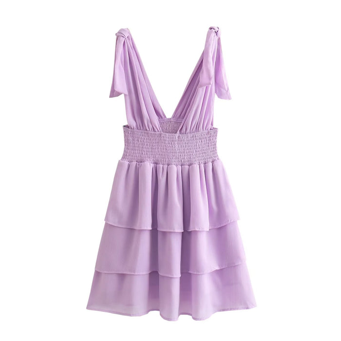 Spring Women Clothing Casual Purple Layered Lace Up Tiered Dress