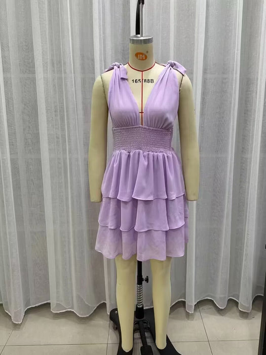 Spring Women Clothing Casual Purple Layered Lace Up Tiered Dress