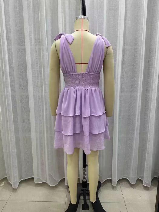 Spring Women Clothing Casual Purple Layered Lace Up Tiered Dress