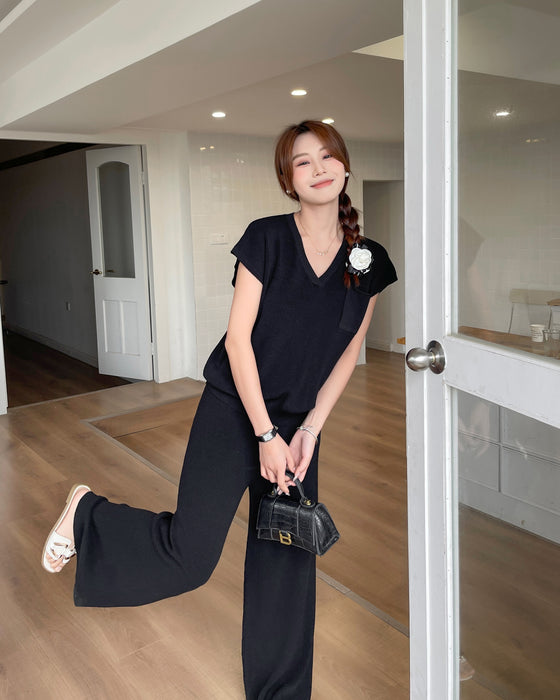 Solid Color Knitted Casual Suit Women Korean Style Simple Short Sleeve Pullover Two Piece Set Women