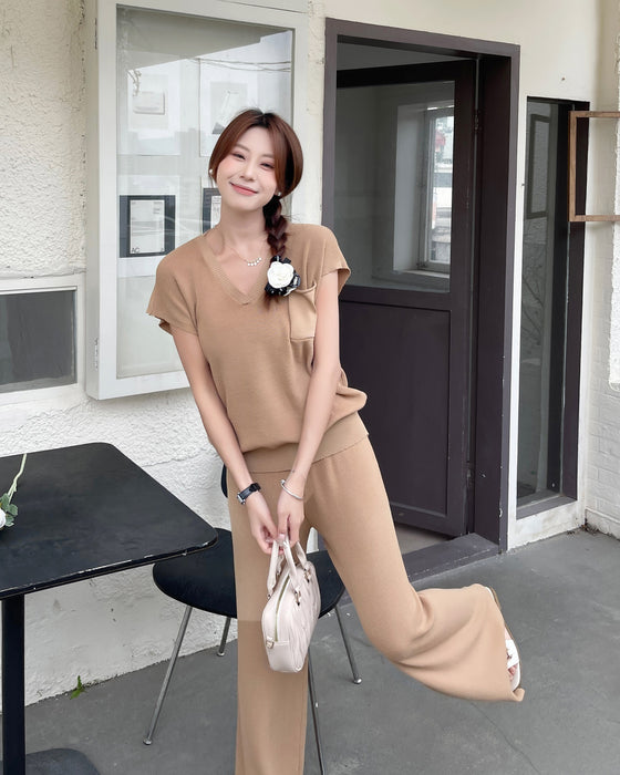 Solid Color Knitted Casual Suit Women Korean Style Simple Short Sleeve Pullover Two Piece Set Women