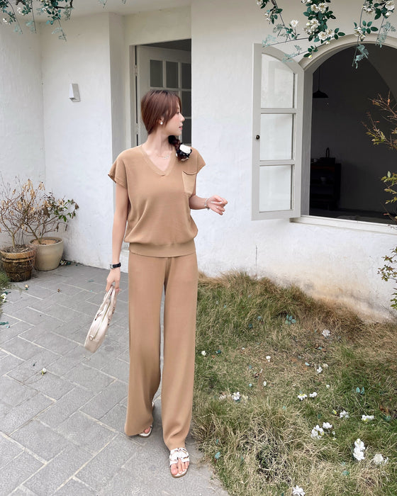 Solid Color Knitted Casual Suit Women Korean Style Simple Short Sleeve Pullover Two Piece Set Women