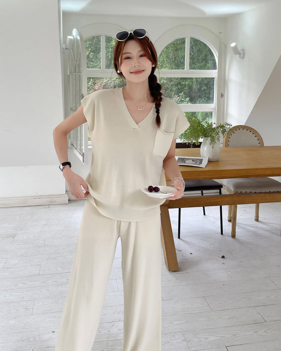 Solid Color Knitted Casual Suit Women Korean Style Simple Short Sleeve Pullover Two Piece Set Women