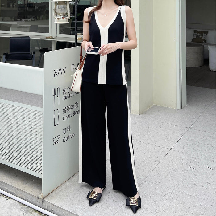 V Neck Vest Knitted Split Top Color Matching Wide Leg Pants Knitted Two Piece women Suit