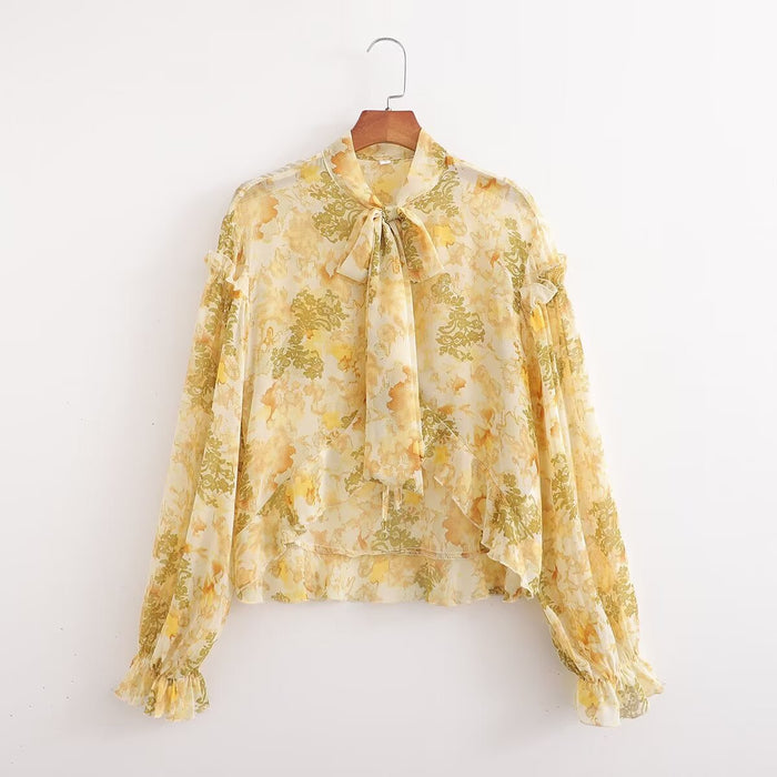 Spring Bow Tie Printed Long Sleeve Loose Shirt