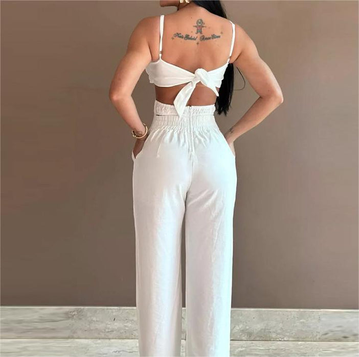 White Three Dimensional Floral Craft Design Sling One Piece Trousers