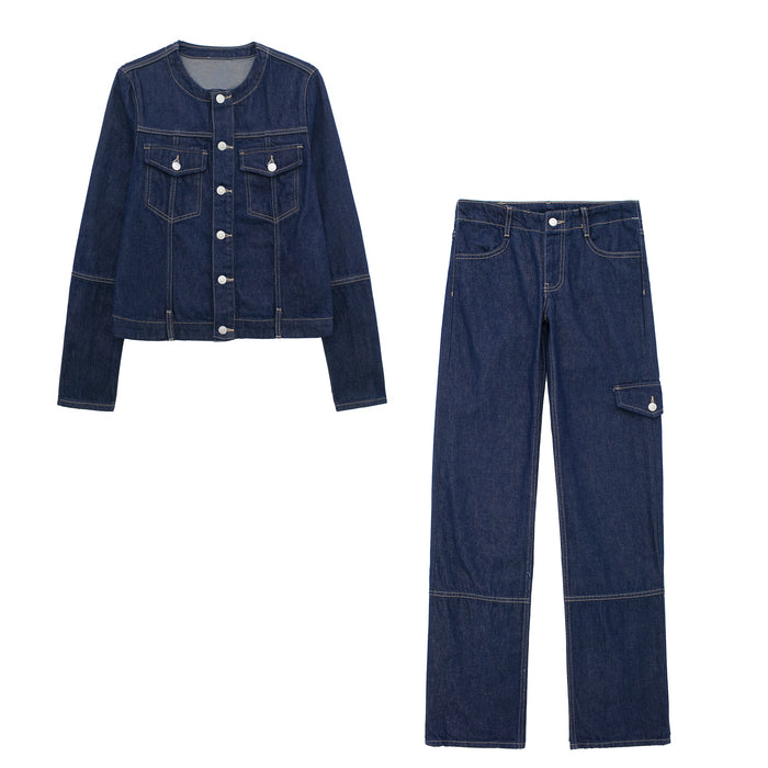 Women Round Neck Denim Jacket Coat Casual Jeans Pant Sets