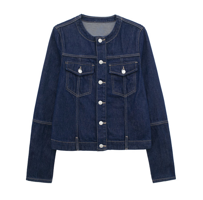 Women Round Neck Denim Jacket Coat Casual Jeans Pant Sets