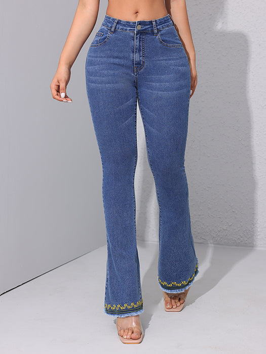 Women Slightly Flared Jeans Trousers Embroidered Burrs Slimming Casual All Matching