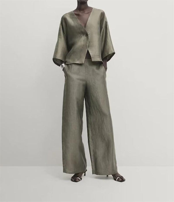 Women RA Linen Blend Short Kimono Shirt Sling Work Pant Set