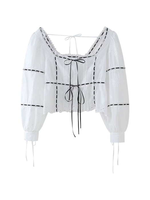 Summer Women Clothing French Square Collar Bow Lace up Embroidered Top