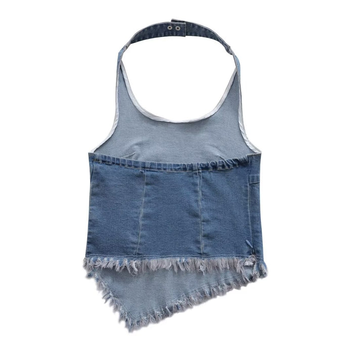 Women Vintage Tassel Sleeveless Denim Shirt Sweet Cool Halter Spaghetti Straps Blouse Vest