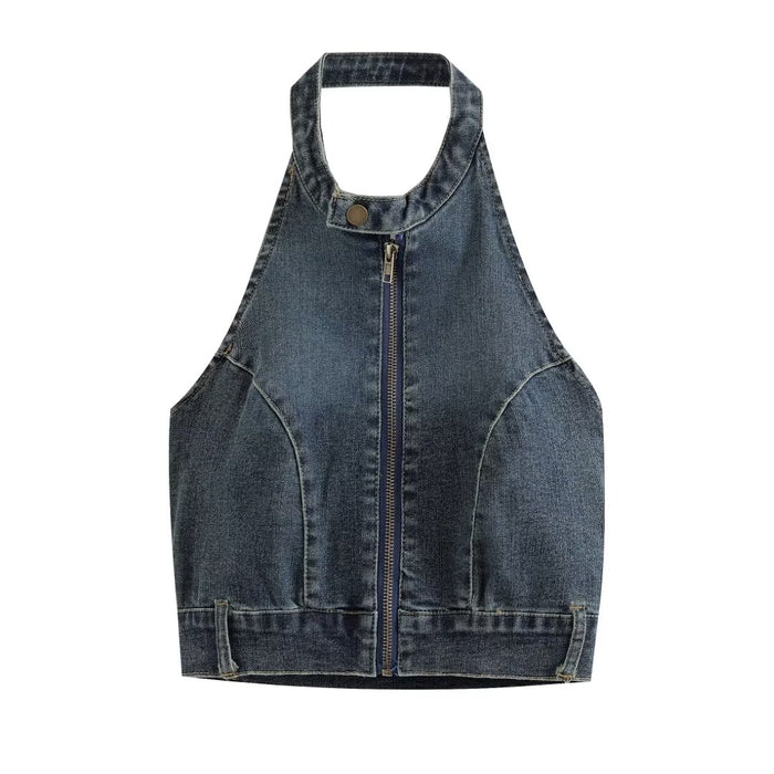 Women Clothing Summer Retro Sexy Halter Backless Slim Fit Denim Vest