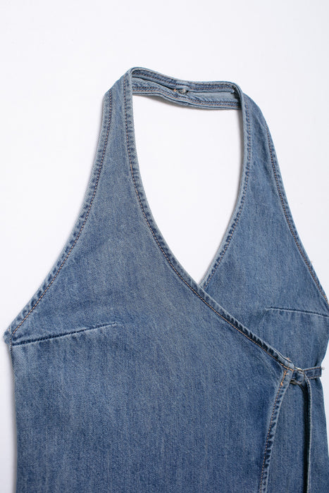 Spring Women Clothing Denim Hanging Collar Double Breasted Top