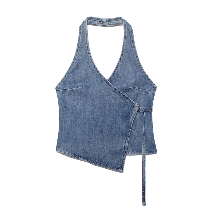 Spring Women Clothing Denim Hanging Collar Double Breasted Top