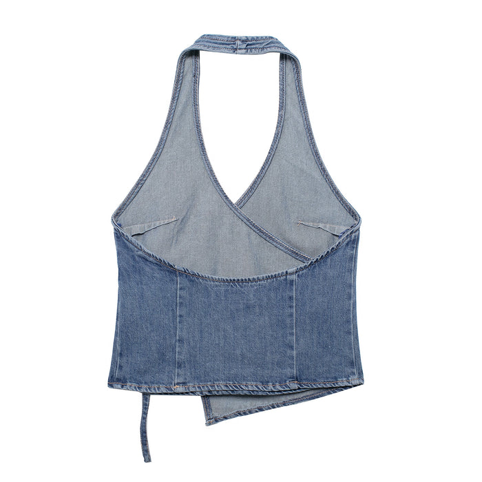 Spring Women Clothing Denim Hanging Collar Double Breasted Top