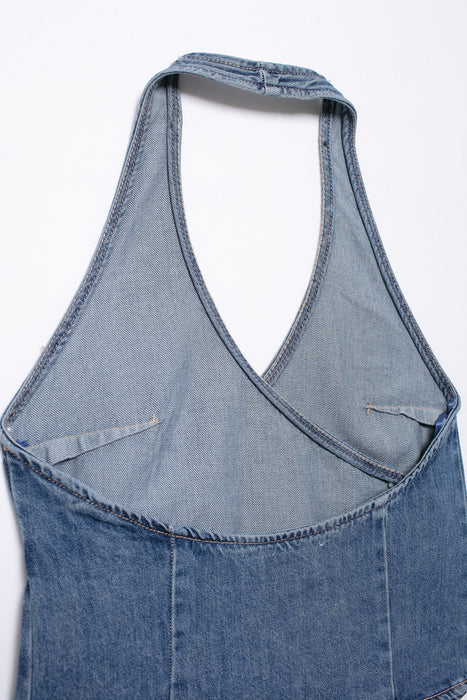 Spring Women Clothing Denim Hanging Collar Double Breasted Top