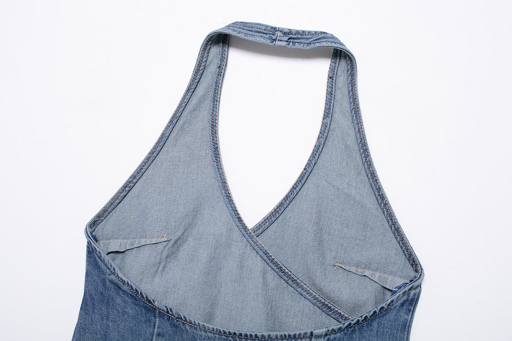 Spring Women Clothing Denim Hanging Collar Double Breasted Top