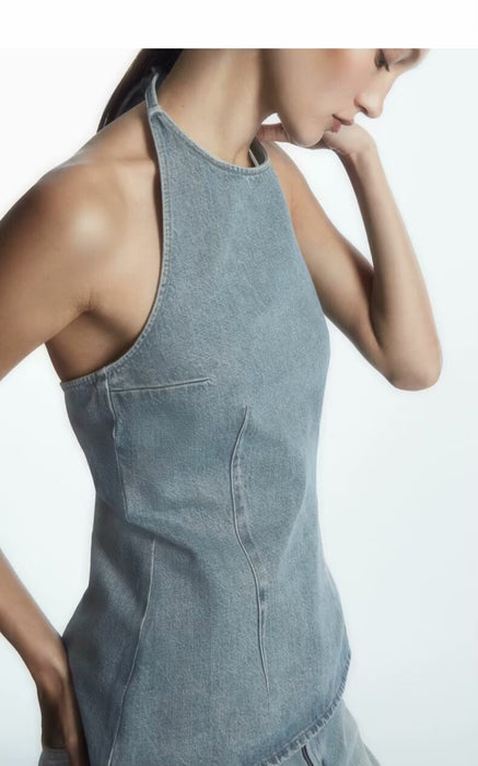 Spring Women Street Neck Sleeveless Sling Denim Top