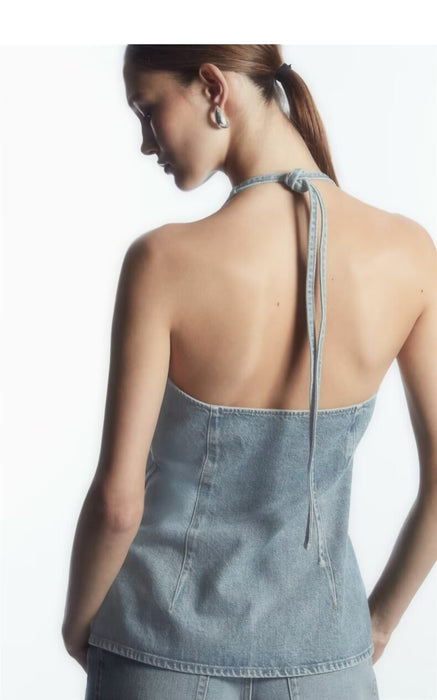 Spring Women Street Neck Sleeveless Sling Denim Top