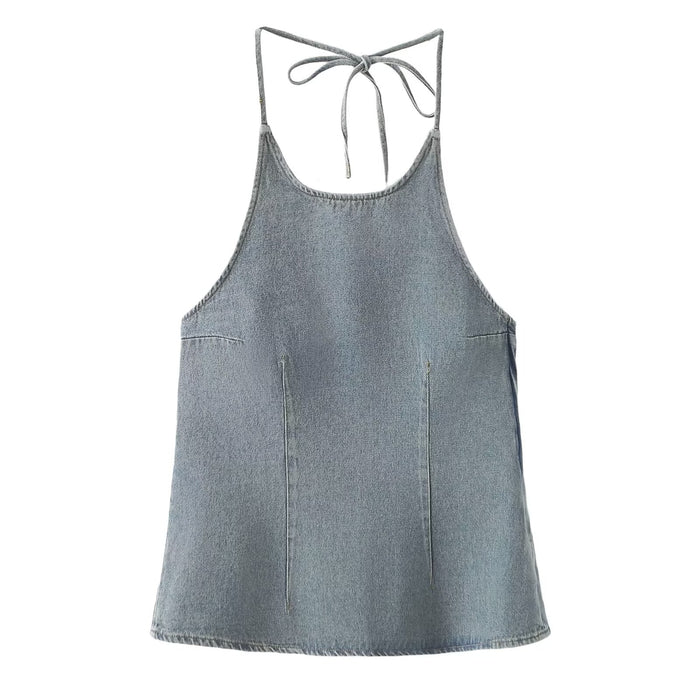 Spring Women Street Neck Sleeveless Sling Denim Top