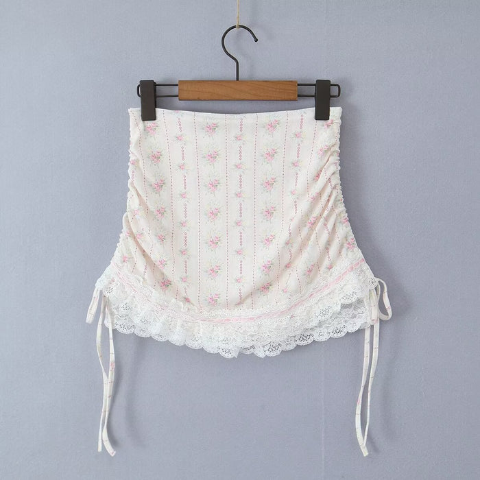 Summer French Sexy Lace Knitted Printed Top Drawstring Hip Skirt Sets