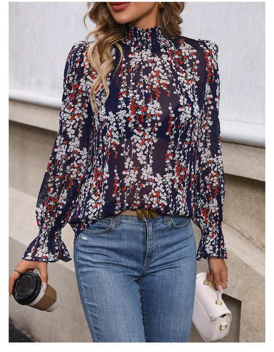 French Women Clothing Casual Floral Print Pullover Long Sleeve Shirt Elegant Graceful Simple Office