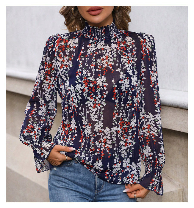 French Women Clothing Casual Floral Print Pullover Long Sleeve Shirt Elegant Graceful Simple Office