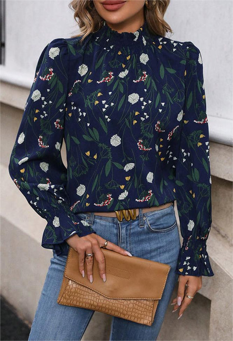 French Casual Floral Print Pullover Long Sleeve Shirt Women Elegant Graceful Simple Office