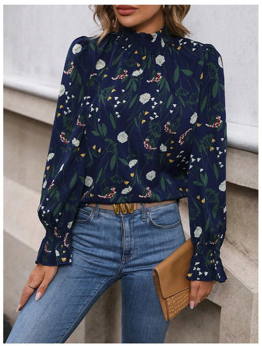 French Casual Floral Print Pullover Long Sleeve Shirt Women Elegant Graceful Simple Office