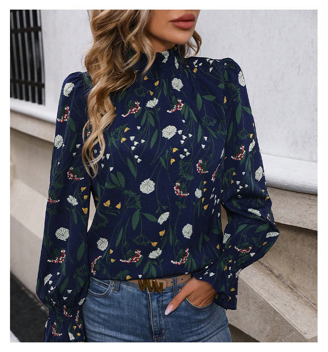 French Casual Floral Print Pullover Long Sleeve Shirt Women Elegant Graceful Simple Office