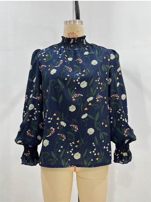 French Casual Floral Print Pullover Long Sleeve Shirt Women Elegant Graceful Simple Office