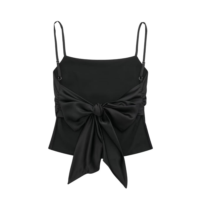 Women Solid Color Slim Fit Bow Decorative Strap Top