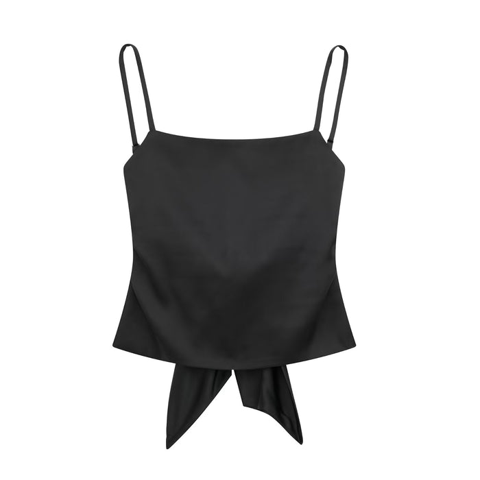 Women Solid Color Slim Fit Bow Decorative Strap Top