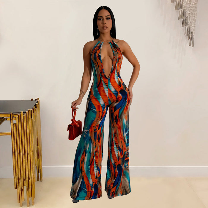 Women Wear Print Sleeveless Deep V Plunge Color Block Backless Long Conjoined Trousers