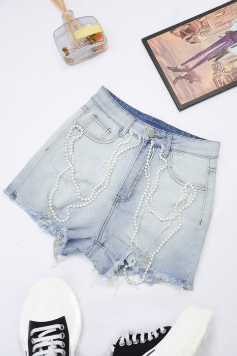 Women Summer Raw Hem High Waist Pearl Rhinestone Tassel Chain Slim Slimming Straight Denim Shorts