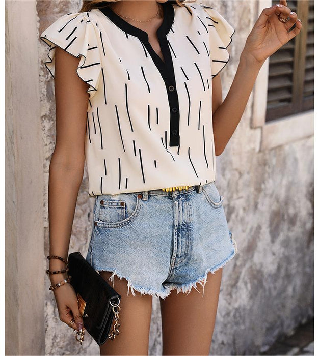 Summer Color Contrast Patchwork Top Women Lotus Leaf Flounced Sleeve Line Striped Shirt