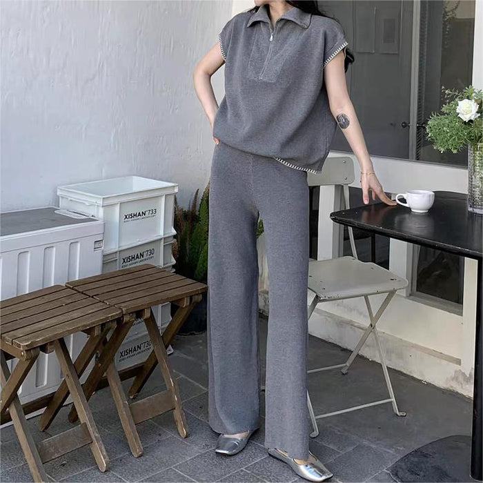 Quality Crewneck Half Zip Sleeveless Top Fashionable Slim fit Wide Leg Pants Casual Suit Women