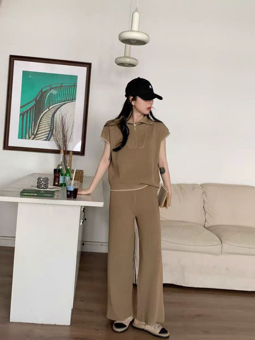 Quality Crewneck Half Zip Sleeveless Top Fashionable Slim fit Wide Leg Pants Casual Suit Women