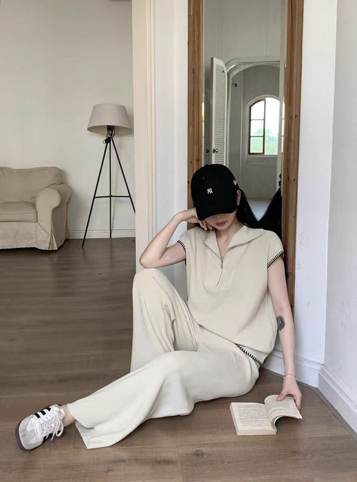 Quality Crewneck Half Zip Sleeveless Top Fashionable Slim fit Wide Leg Pants Casual Suit Women