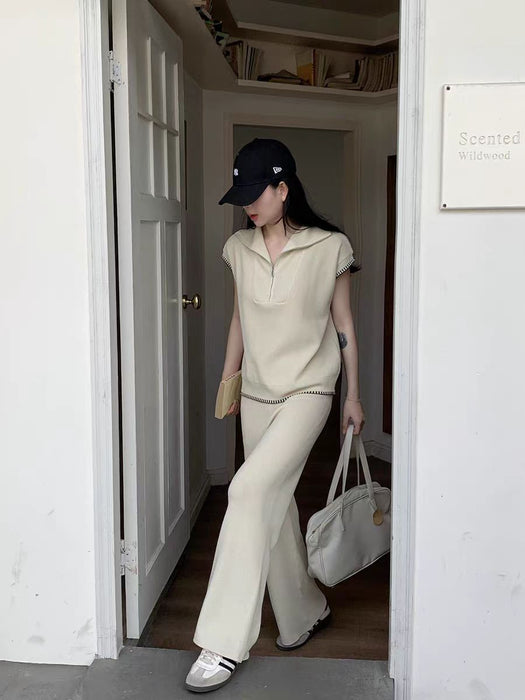 Quality Crewneck Half Zip Sleeveless Top Fashionable Slim fit Wide Leg Pants Casual Suit Women