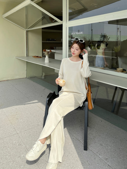 Loose Casual Sweater Knitted Suit Women Spring Autumn Round Neck Wide Leg Pants Two Piece Set Women