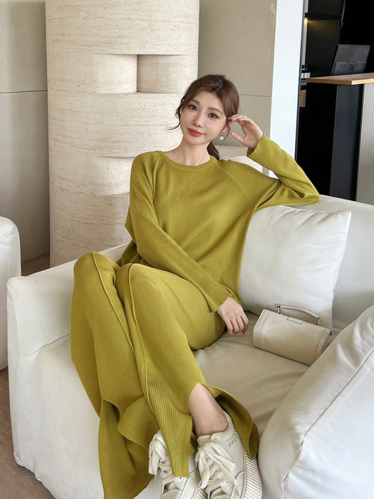 Loose Casual Sweater Knitted Suit Women Spring Autumn Round Neck Wide Leg Pants Two Piece Set Women