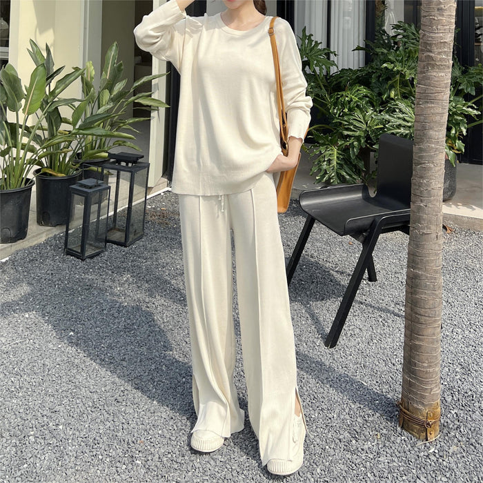 Loose Casual Sweater Knitted Suit Women Spring Autumn Round Neck Wide Leg Pants Two Piece Set Women