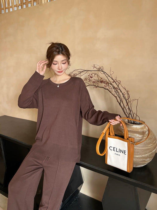 Loose Casual Sweater Knitted Suit Women Spring Autumn Round Neck Wide Leg Pants Two Piece Set Women