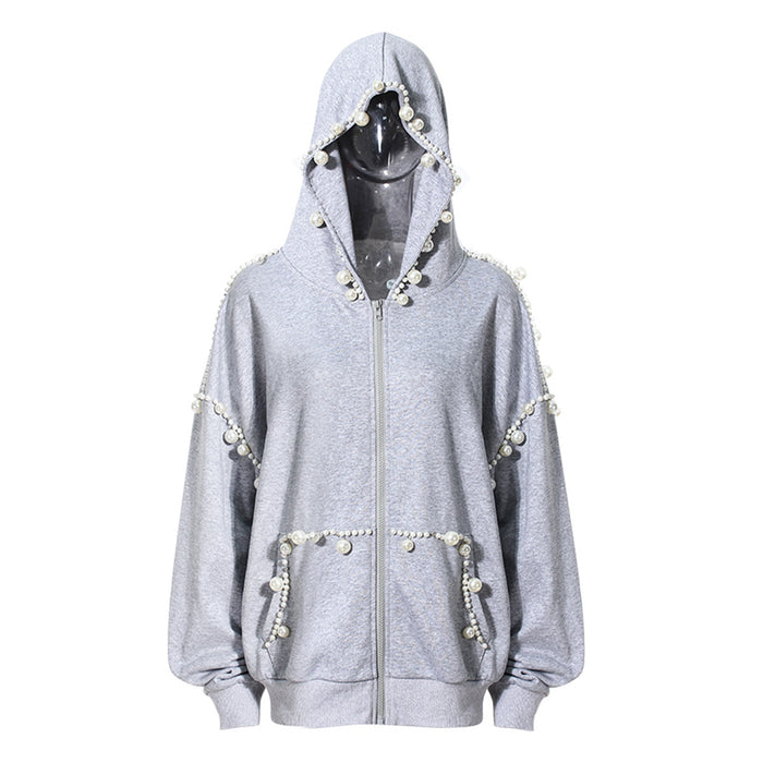 Gray Hooded Sweater Women Spring Autumn Niche Loose Lazy Long Sleeve Top Pearl Set